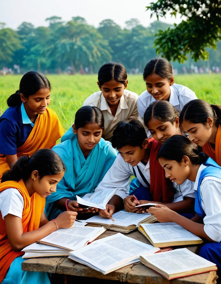 An inspiring scene showcasing a diverse group of high school students huddled around study materials, with vibrant West Bengal landscapes in the background, traditional school items like books, stationery, and digital devices scattered around. Bright cultural motifs representing West Bengal culture subtly integrated, conveying a sense of community and ambition. soft focus. vibrant colors. 3D.