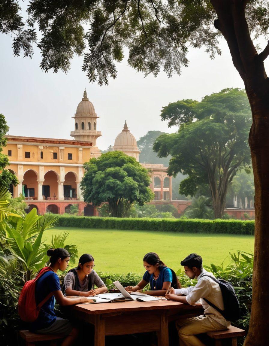 A scenic view of a diverse group of students from different backgrounds studying together on a college campus in West Bengal, surrounded by lush greenery and traditional architecture. The foreground features books and a tablet displaying online courses, symbolizing the blend of curriculum and technology. In the background, faint silhouettes of iconic landmarks of West Bengal, showcasing cultural richness. The atmosphere is bright and hopeful, capturing the journey of education. super-realistic. vibrant colors. soft focus.