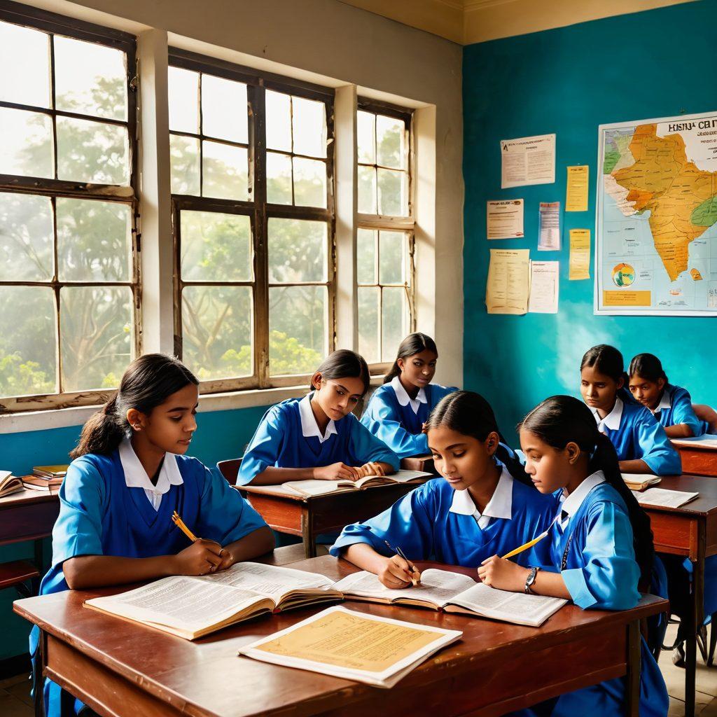 A serene classroom scene showcasing diverse students engaged in learning, surrounded by essential educational resources like books, laptops, and maps of West Bengal. The backdrop features motivational posters about success and education, with a warm sunlight filtering through large windows. Add elements that symbolize higher secondary education, such as graduation caps and certificates. vibrant colors. super-realistic.